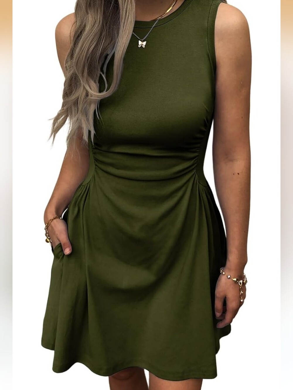 NWT MIEAZOM RUCHED TANK DRESS, OLIVE GREEN, SIZE LARGE